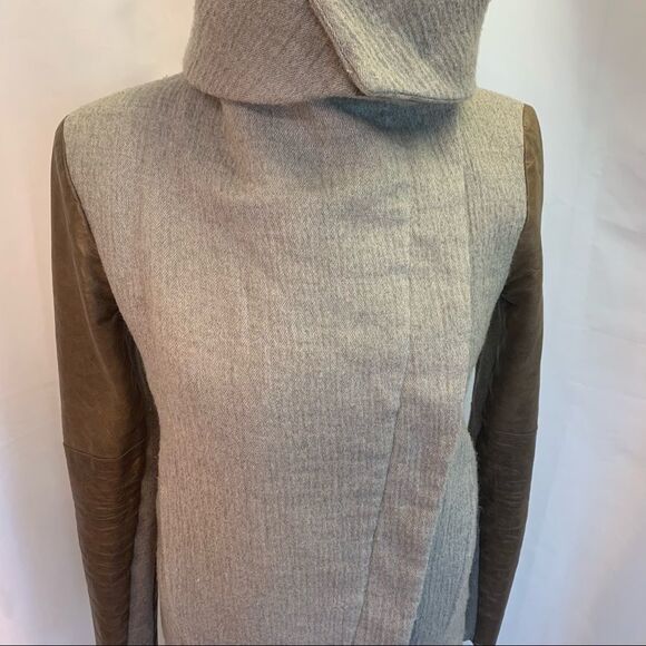 HELMET Lang wool & Lamb Leather brown gray colour block pattern coat Sz XS - Picture 6 of 16